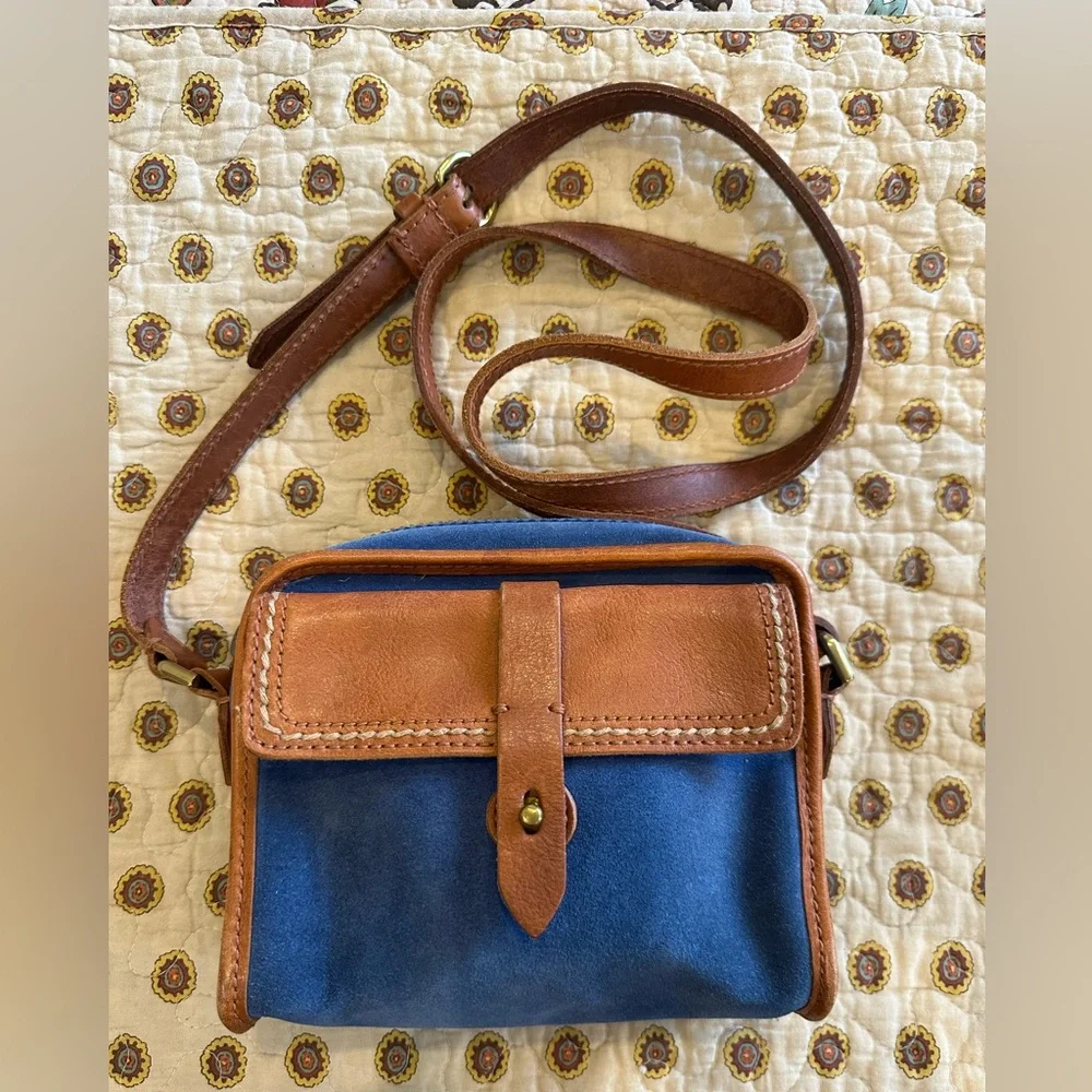 Madewell 1937 Accessories Blue Suede Camden Crossbody with Cognac Leather Trim